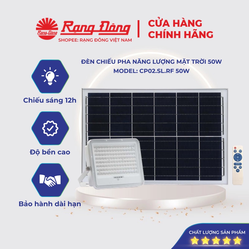 Đèn năng lượng mặt trời sân vườn 50W Rạng Đông chiếu pha, trong nhà, nmlt, Model: CP02.SL.RF 50W