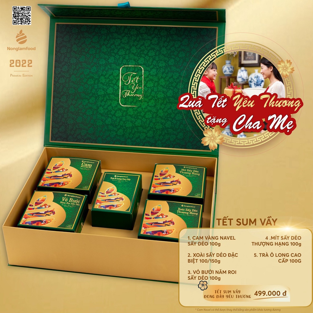 Hộp quà Tết Sum Vầy Nonglamfood cao cấp gồm hoa quả sấy và trà ô long tặng gia đình, cơ quan.