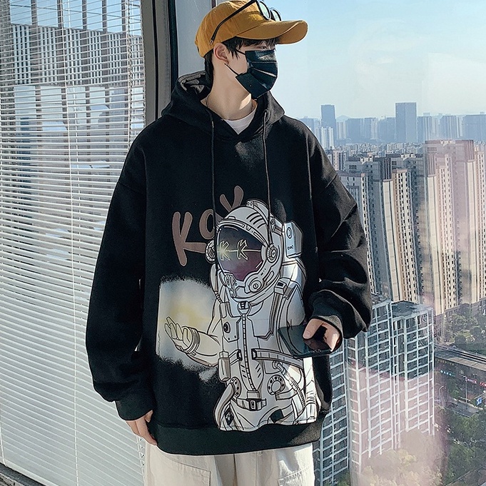 Áo hoodie dáng rộng in họa tiết phi hành gia phong cách Hong Kong thời trang dành cho nam