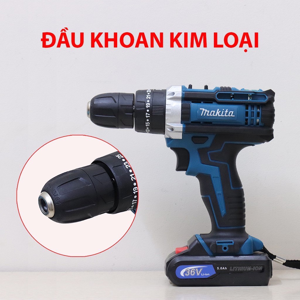 Máy Khoan Pin MAKITA 36V đầu 10ly Có Búa + Phụ Kiện, kèm 2 pin chuẩn 10 cell - Máy bắn vít - Máy khoan tường