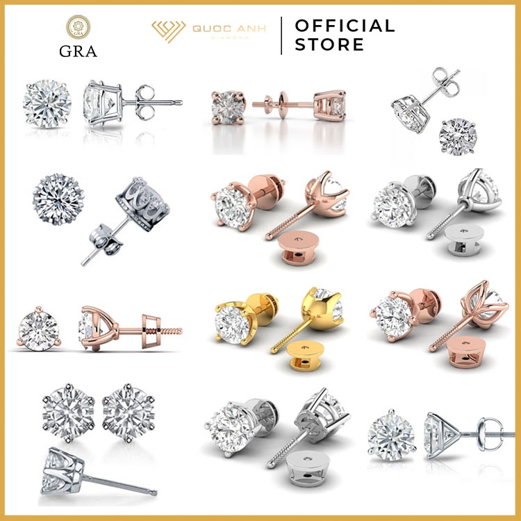 Bông tai Kim cương nhân tạo Moissanite nụ 4 chấu, viên chủ 5ly - 11 Mẫu tự chọn