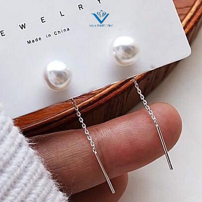Khuyên tai bạc Khuyên tai Ngọc Trai nhân tạo xỏ móc xích cổ điển Van Jewelry V10440