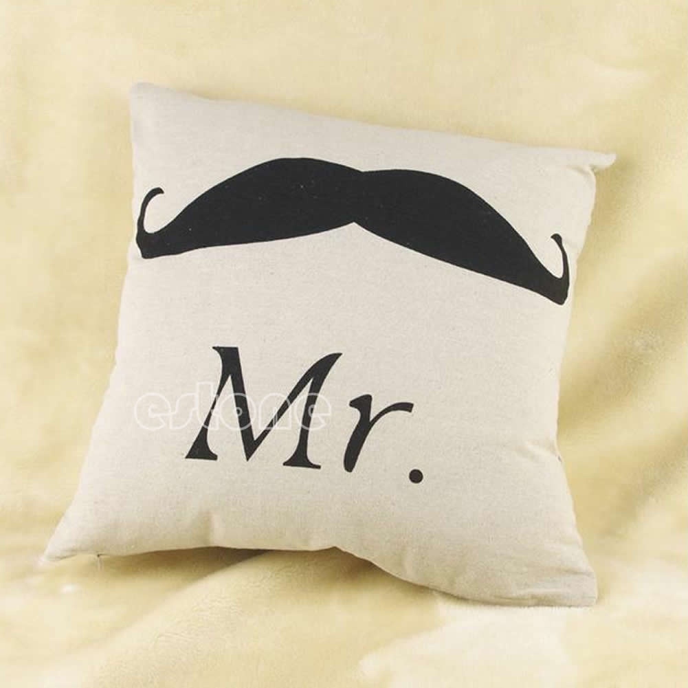 Vỏ Gối In Hình Bộ Râu Mr.Mustache Mrs Trang Trí Nhà Cửa