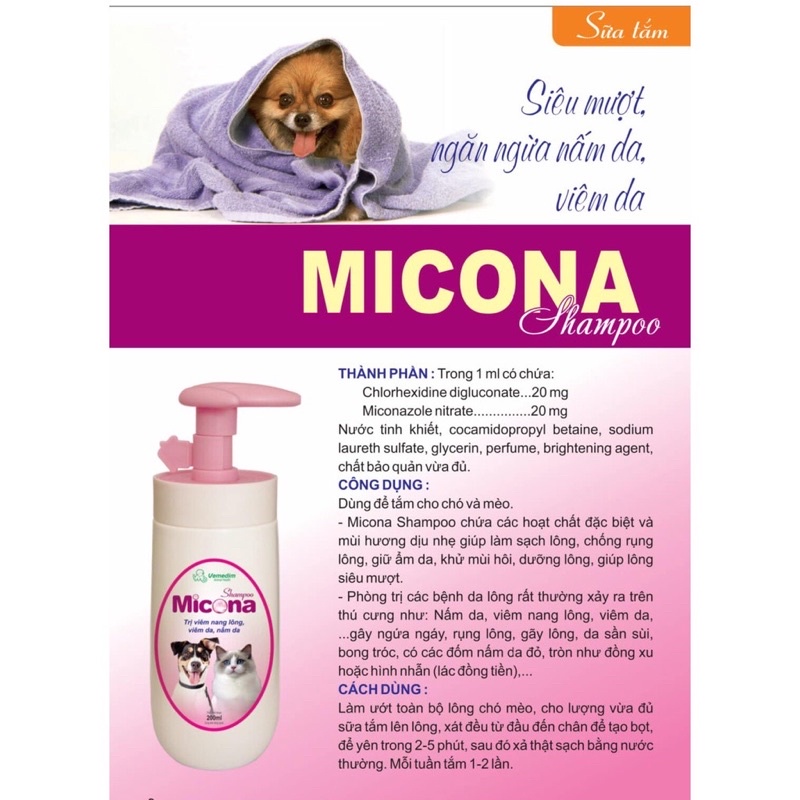 Sữa Tắm Diệt Nấm, Viêm Da MICONA Shampoo cho Chó Mèo | Vie PETSHOP