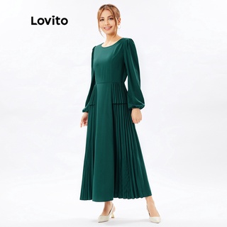 1206de-Đầm Lovito xếp ly màu trơn không xù vải phong cách đơn giản L26ED066 (màu xanh lục đậm)