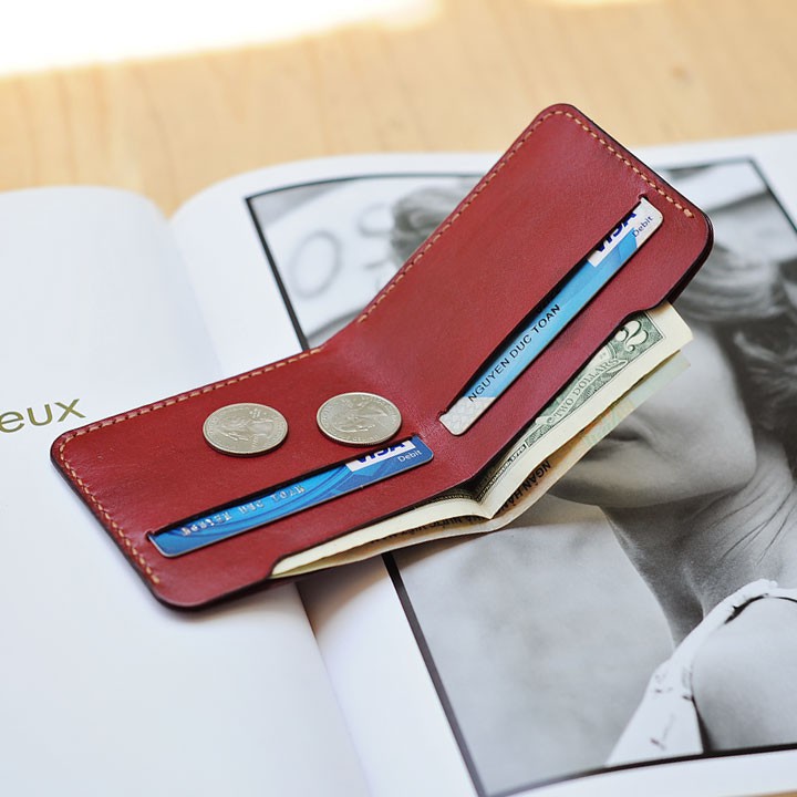 Ví mini handmade da bò nhập khẩu mầu đỏ đô Mino Crafts VI00803