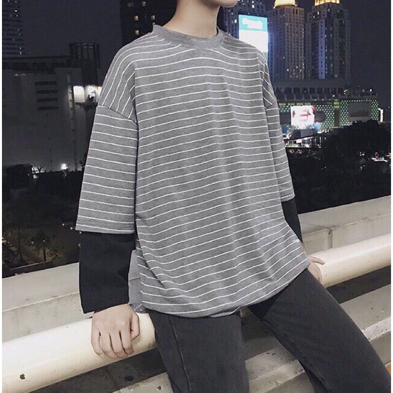 [ Có Ảnh Thật ] áo thun tay dài form rộng unisex - sweater sọc nhí 2 ống tay