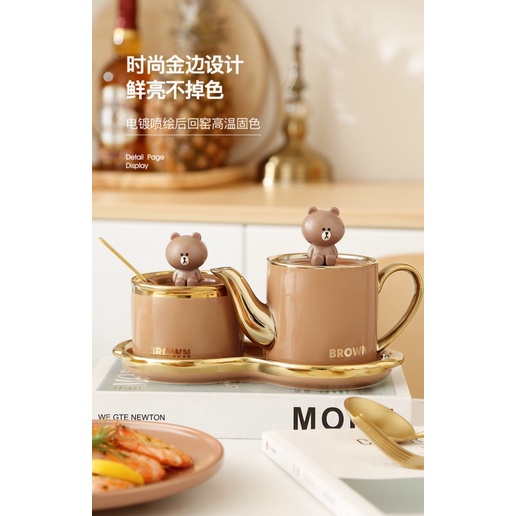 LINE FRIENDS set ấm rót dầu chống rò rỉ dầu, giấm và hũ đựng gia vị có nắp và thìa siêu đẹp sang