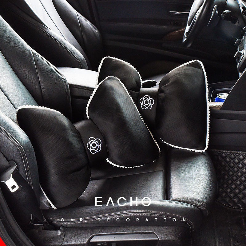 Bộ Gối Tựa Nơ Trên Xe Ô Tô Hình Hoa Trà Cao Cấp - Gối Cổ Tựa Eo Trên Xe Hơi Hoa Trà