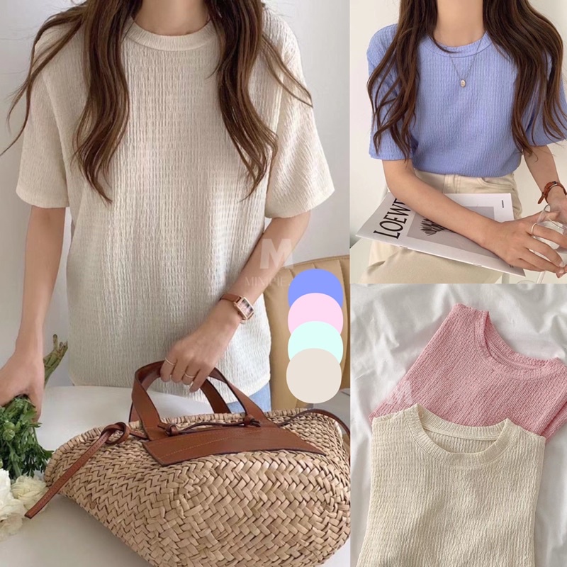 Áo Thun Cổ Tròn Basic Chất Xốp Hàn Co Dãn Màu Pastel - Minipie