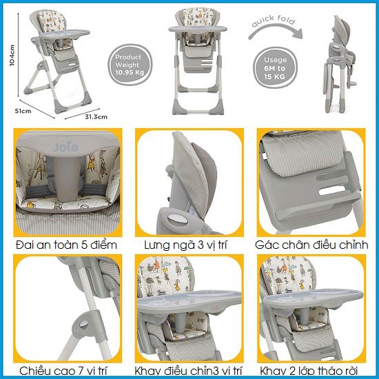 Ghế ăn trẻ em Joie Mimzy 2in1 là ghế ăn được thiết kế rất tiện dụng, để bé có thể sử dụng từ 6 tháng đến 15kg