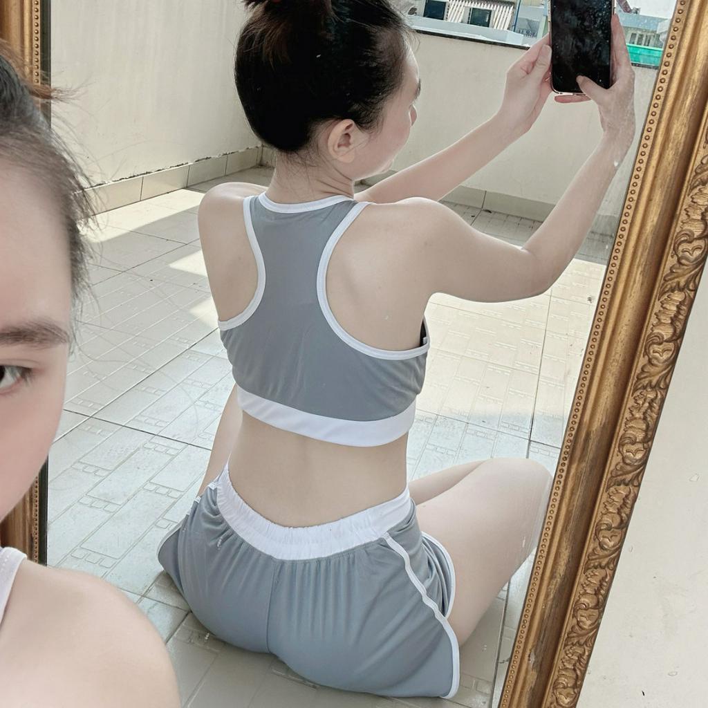 Bộ bra tập gym yoga earobic phối viền bo xiết eo kết hợp quần đùi cho nữ màu Xám Đen sét thể thao thể dục G5