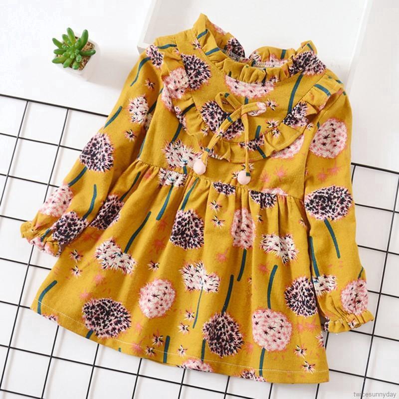 Đầm dài tay cổ lọ họa tiết hoa đáng yêu cho bé gái