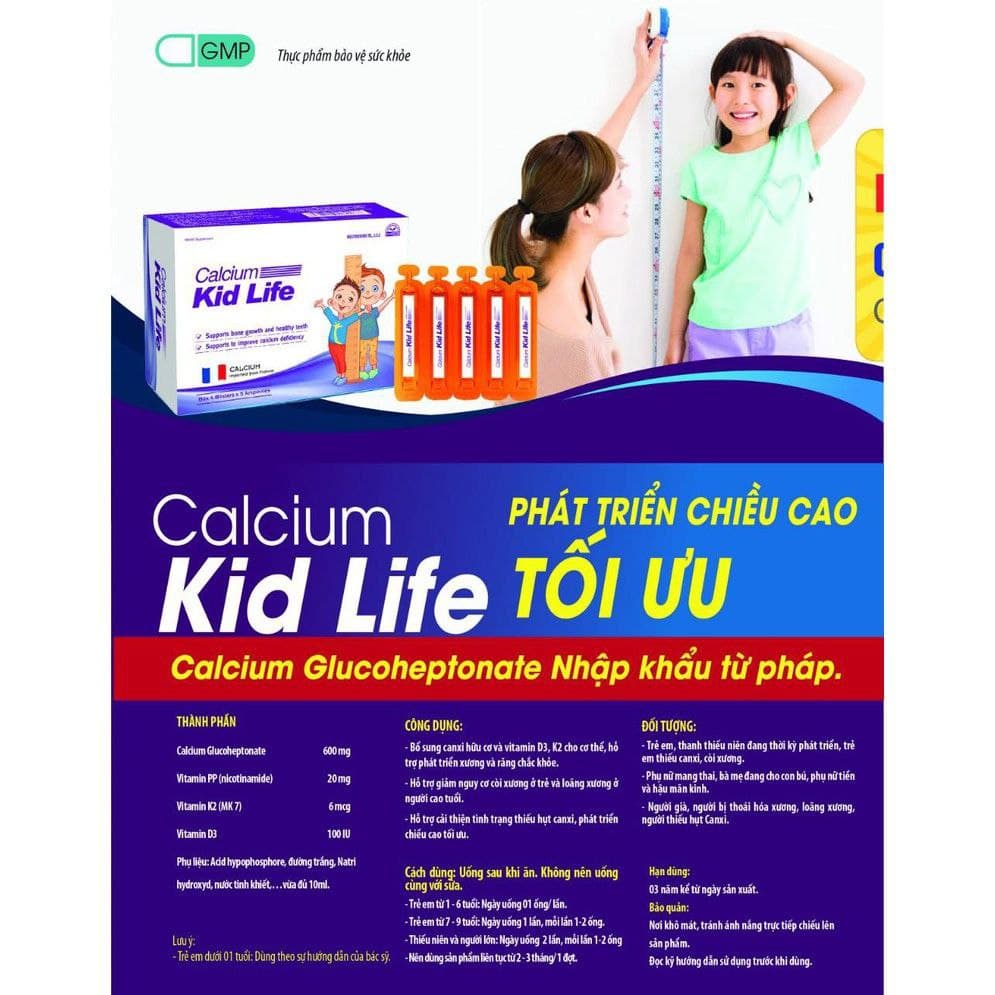 CALCIUM KID LIFE bổ sung  K2, D3 - Tăng chiều cao, phòng giảm loãng xương, còi xương. Chuẩn GMP Bộ Y Tế, hộp 20 ống.