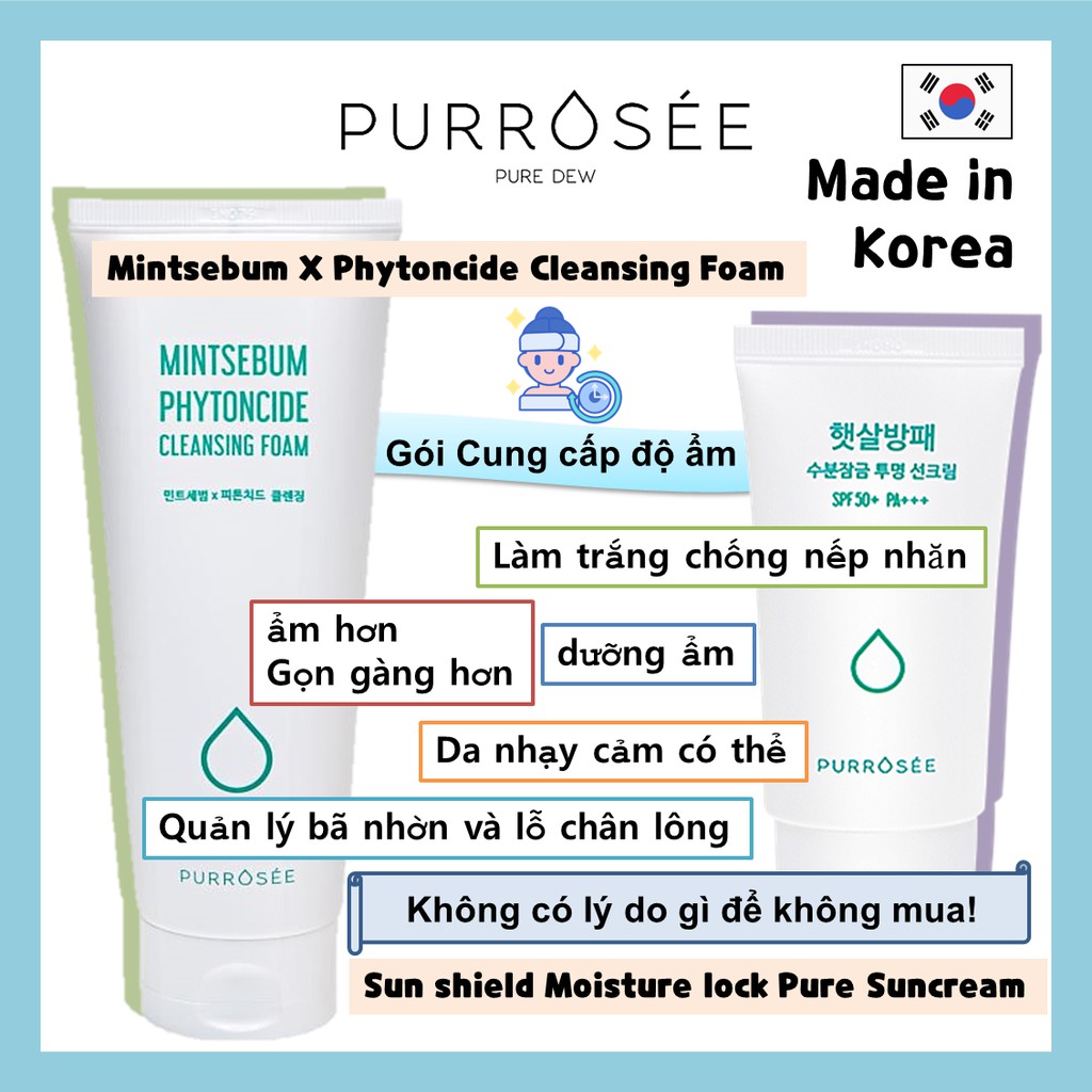 [PURROSEE] sự chặn ánh mặt trời & cung cấp nước PURE SUNCREAM 50 + Pa + + + & MINTSEBUM X PHYTONCIDE bọt làm sạch