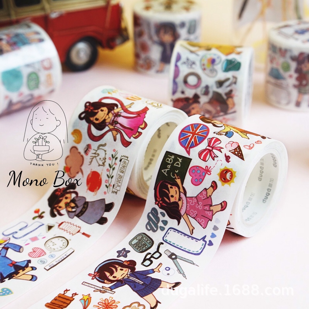 [Chiết] Washi tape mã CB019 4x35cm, băng keo dán trang trí họa tiết chibi Mono_box