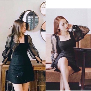 Đầm nữ Tay phồng Đầm Đen phối lưới Đầm cổ vuông