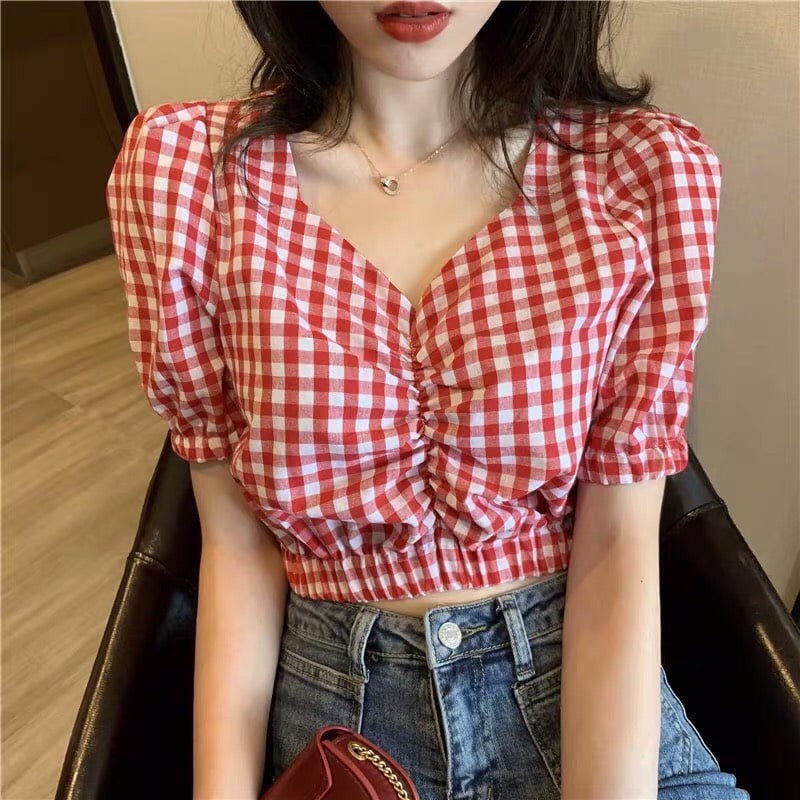 Áo kate caro croptop nhún ngực thun eo tay ngắn dễ thương TTSA0018