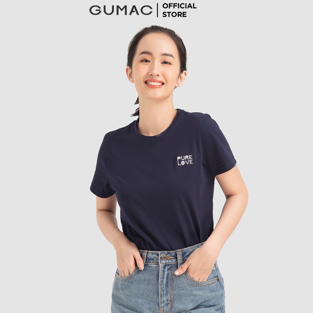 Áo thun nữ cổ tròn cơ bản thời trang nữ GUMAC thiết kế chữ thêu ATB12006