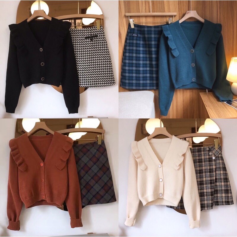 Set áo khoác chân váy dạ tweed hồng, đen và set áo len chân váy kẻ
