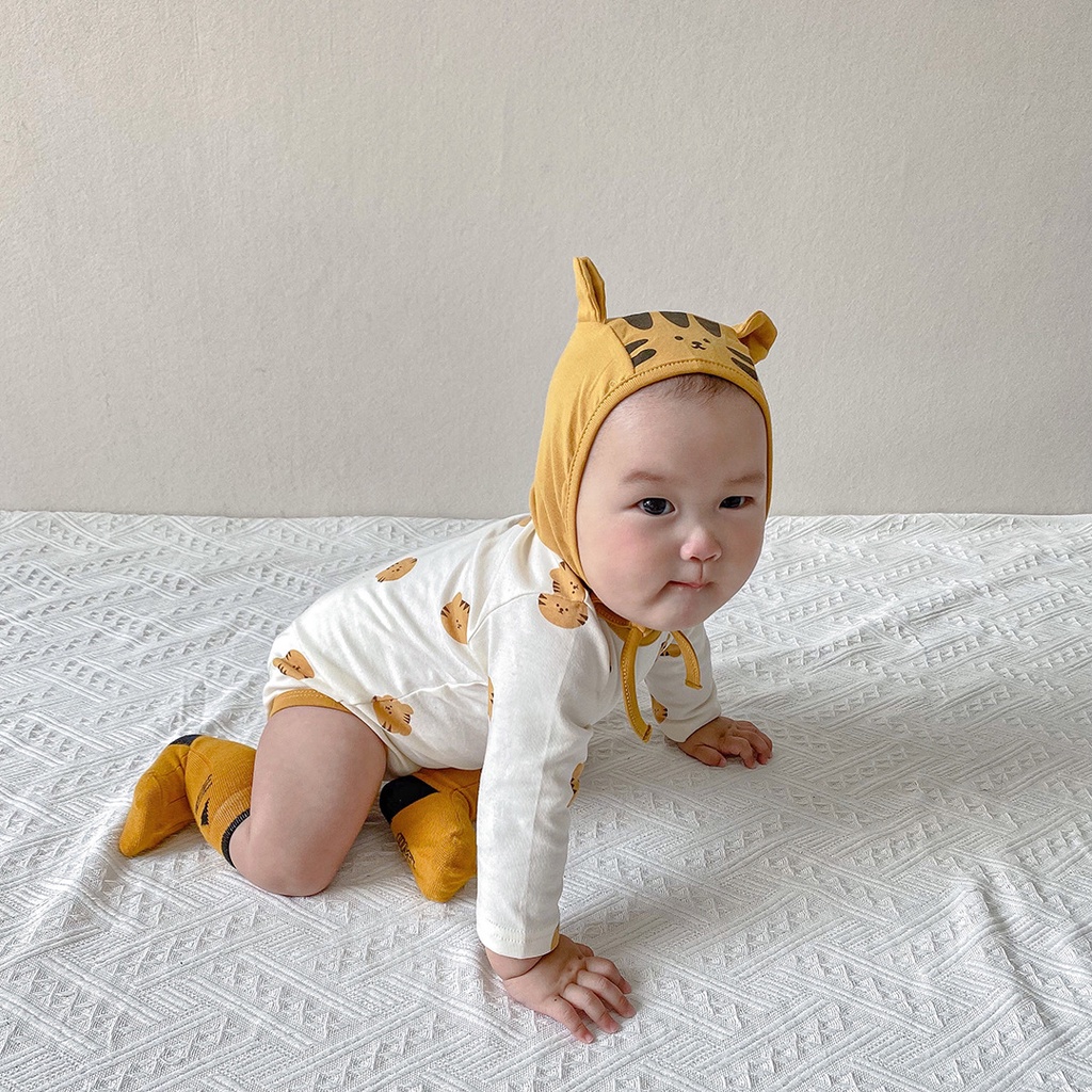 Bodysuit cho bé trai bé gái dài tay hình hổ nhỏ kèm mũ chất cotton 100% size 3-12kg TE22