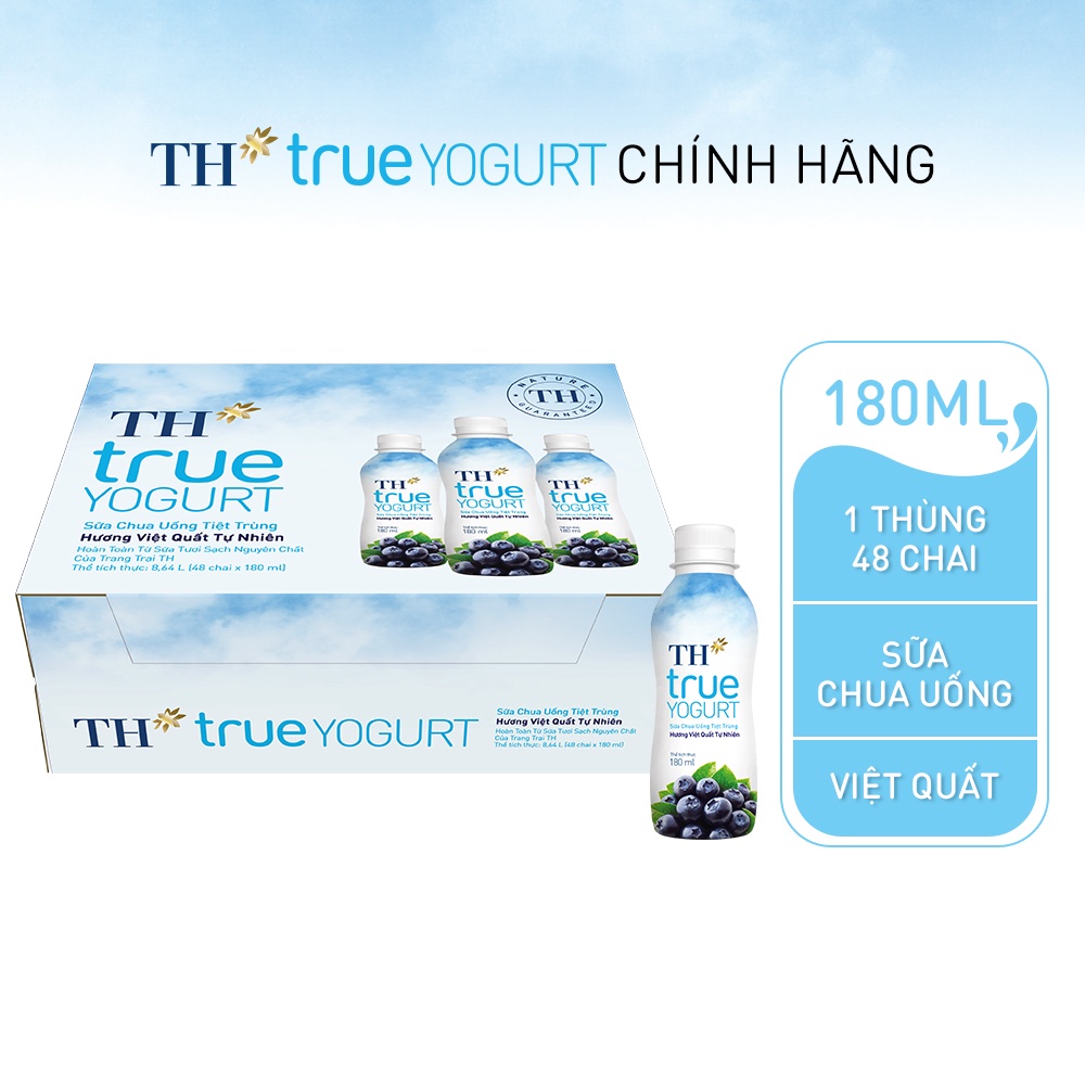 Thùng 48 chai sữa chua uống tiệt trùng hương việt quất tự nhiên TH True Yogurt 180ml (180ml x 48)