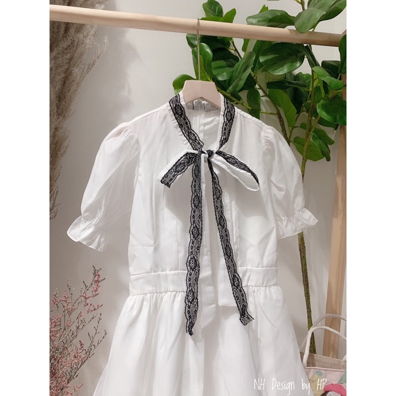 [ VTK88 ] VÁY TRẮNG TK CỔ PHA REN THẮT NƠ