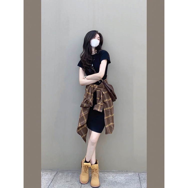 Set Áo Sơ Mi Tay Dài Kẻ Sọc Caro Phối Đầm Midi Thời Trang Mùa Thu Cho Nữ