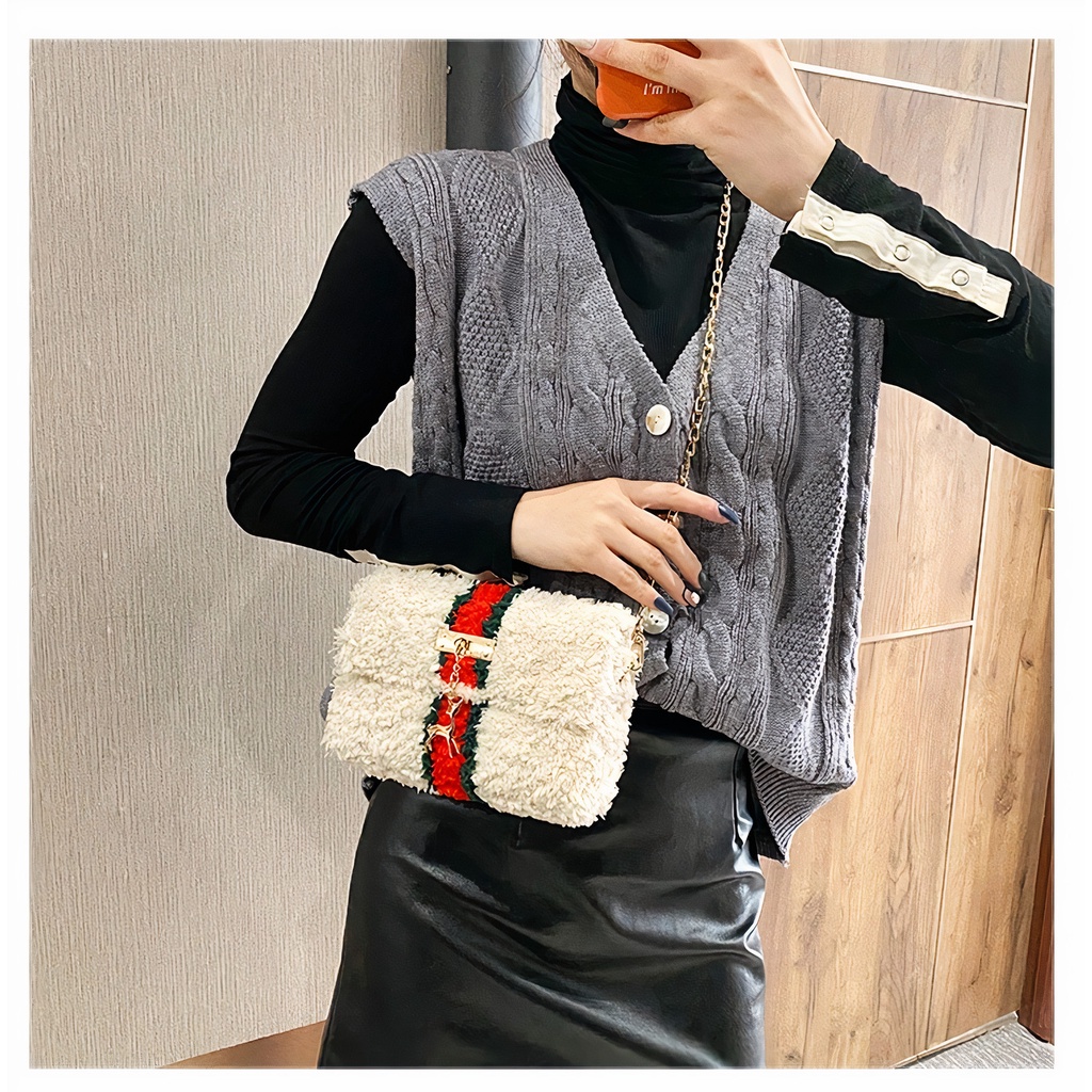 Túi len tự đan, túi đeo chéo len xù phối sọc đỏ thời trang sang trọng - Bộ phụ kiện đầy đủ LX206