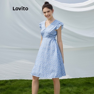 113xj lovito đầm cổ chữ v chấm bi chấm bi thanh lịch l24ee002