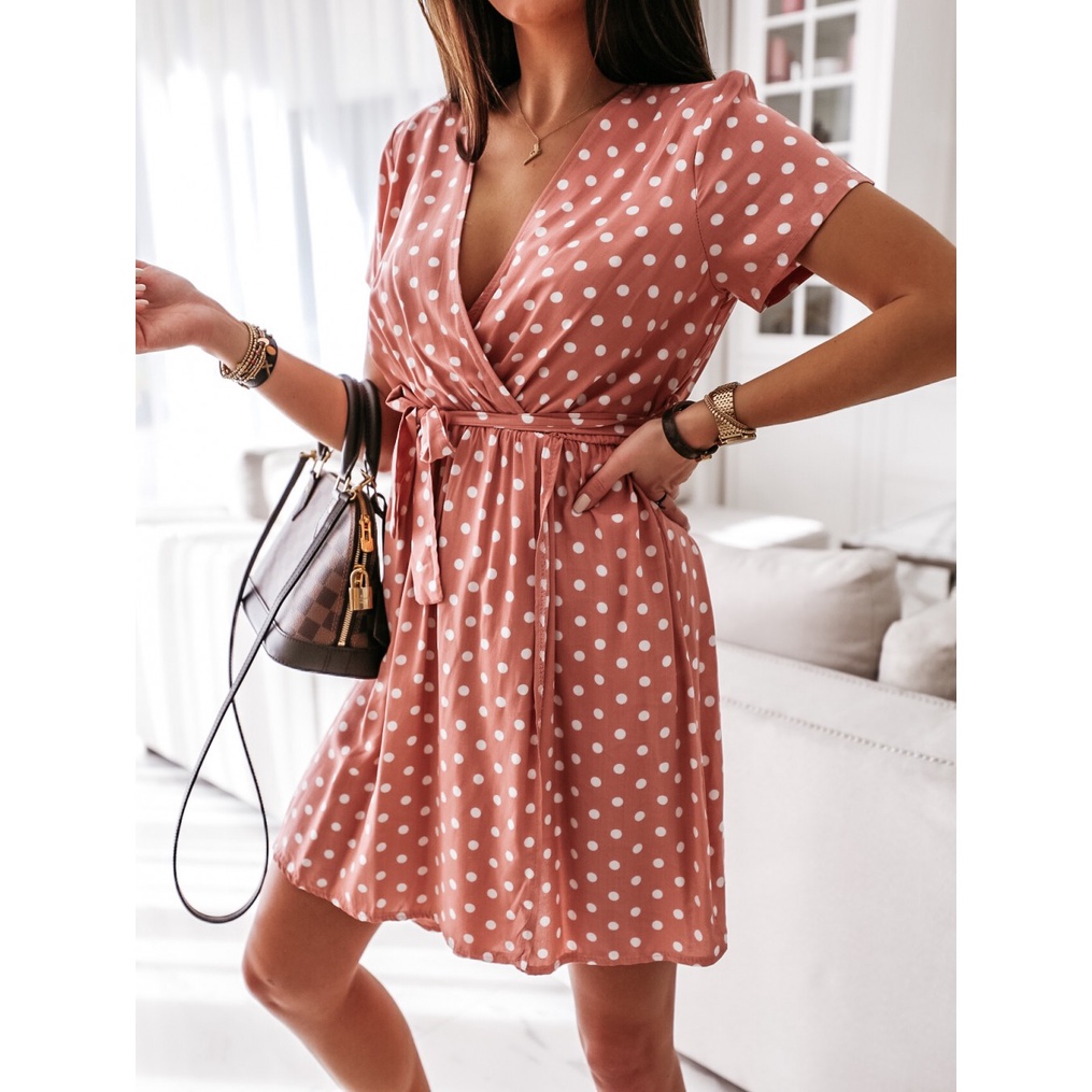 TODOBLACK Đầm Tay Ngắn Cổ Chữ V Họa Tiết Chấm Bi Phong Cách Boho Thời Trang Mùa Hè Cho Nữ
