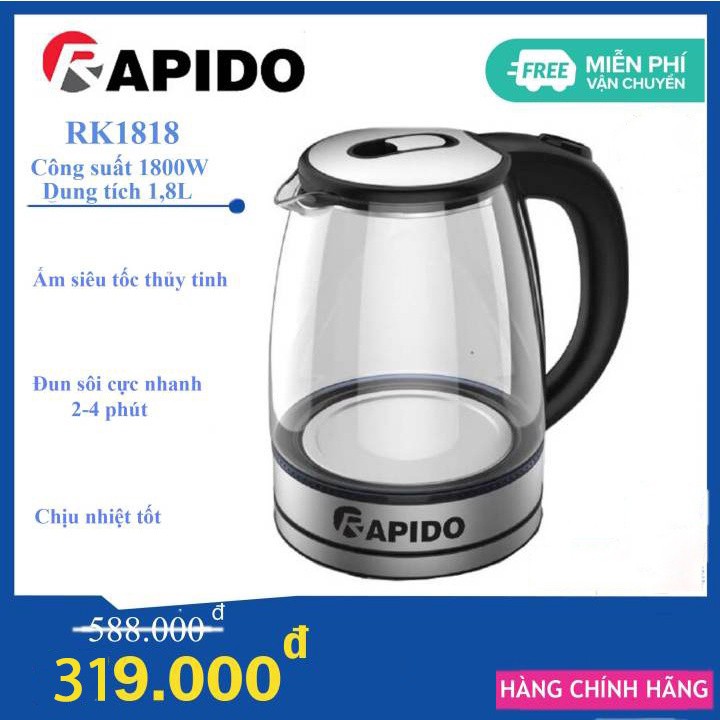 Ấm đun siêu tốc thủy tinh của Đức Thương hiệu Rapido RK1818 - Đun Siêu Tốc, Cao Cấp, Chịu Nhiệt - BH CHÍNH HÃNG