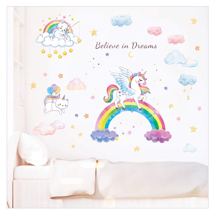 Decal dán tường tranh dán tường cầu vồng hoạt hình cho bé trang trí nhà cửa