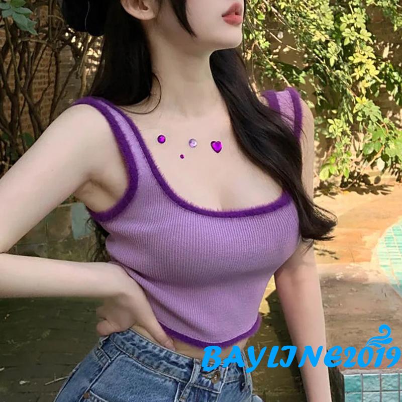 BAY-Women Summer Crop Tops, Plush Hem Decor Ribbed Bottoming Sleeveless Elastic U-neck Camisole