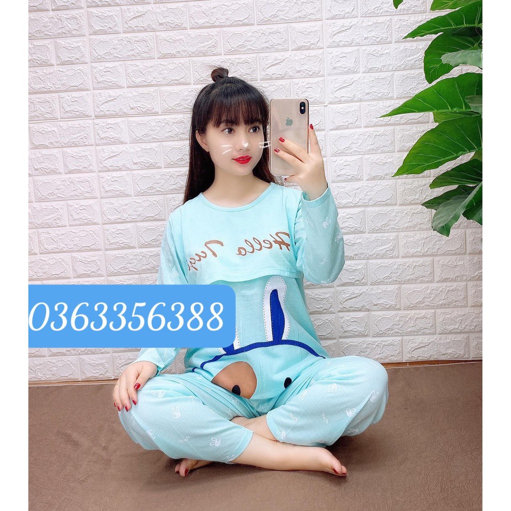 Bộ bầu và sau sinh mặc nhà Vemisa –bộ đồ dài tay HELLO TAI THỎ chất cotton thiết kế cho con bú tiện lợi BD929