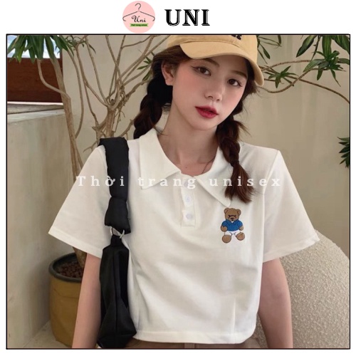 [Mã 11FASHIONSALE1 giảm 10K đơn 50K] Áo croptop PoLo cộc tay Thêu gấu dưới 55kg