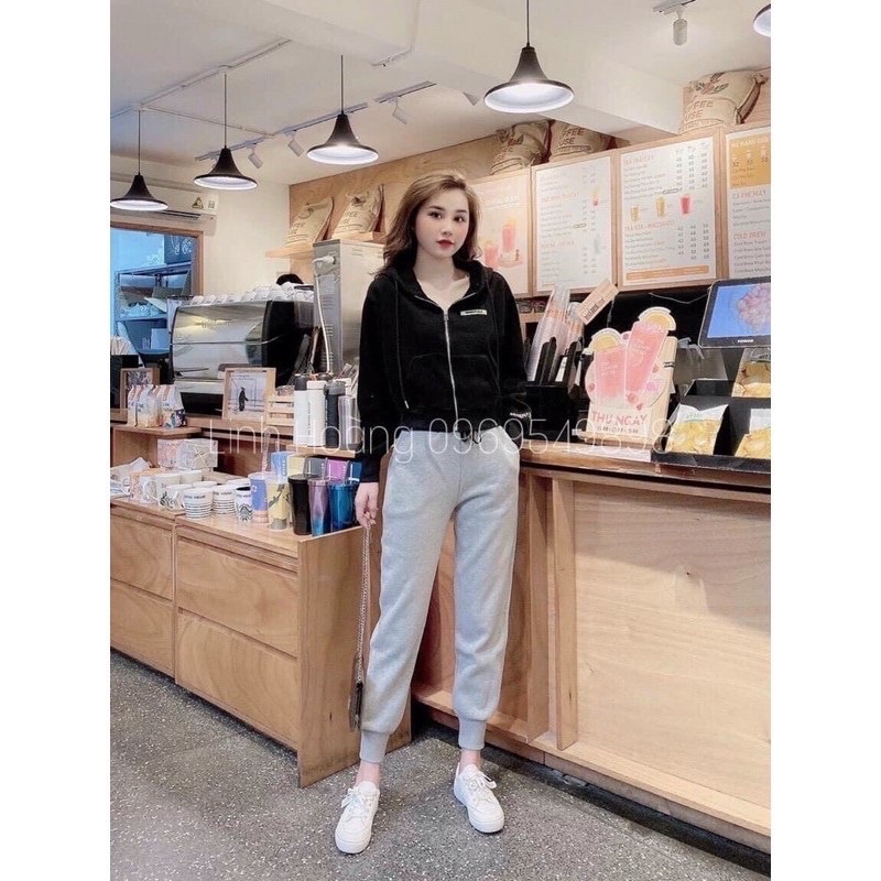 Quần jogger nữ dây rút bo ống gấu - Quần baggy nỉ thun nữ lưng chun vải nhung tăm cao cấp hàng VNXK dày dặn mặc thu đông