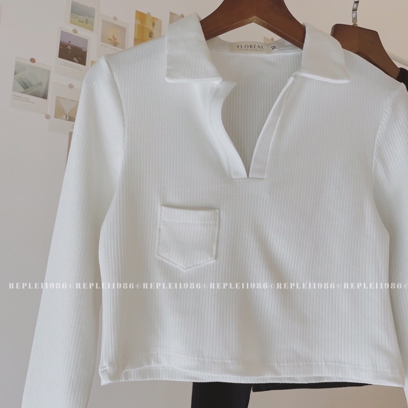 Áo croptop thun gân, tay xẻ, túi 1 bên