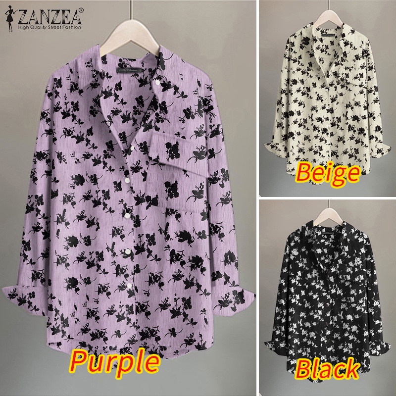 Zanzea Áo Sơ Mi Cổ Bẻ Dài Tay Có Túi In Họa Tiết Thời Trang Cho Nữ