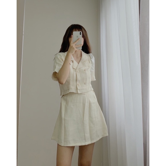 Set đồ vải tweed tay ngắn 753 kèm chân váy chữ A cạp chun sau
