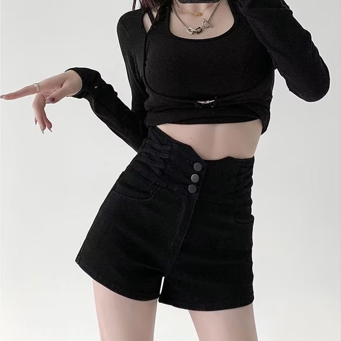 Quần Short Denim Lưng Cao Ống Rộng Theo Phong Cách Retro Hàn Quốc
