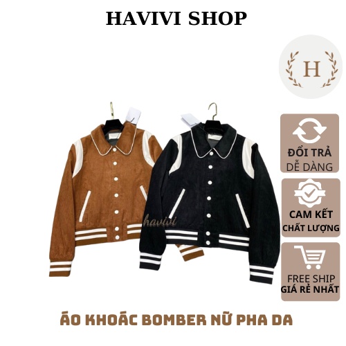 Áo Khoác Bomber Nữ Pha Da Thêu Chữ Hai Lớp Ulzzang Áo Kiểu Hàn Quốc Thu Đông HAVIVI SHOP