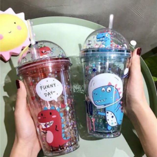 Ly giữ nhiệt Khủng long 3D kim tuyến nhiều màu sắc  380ml