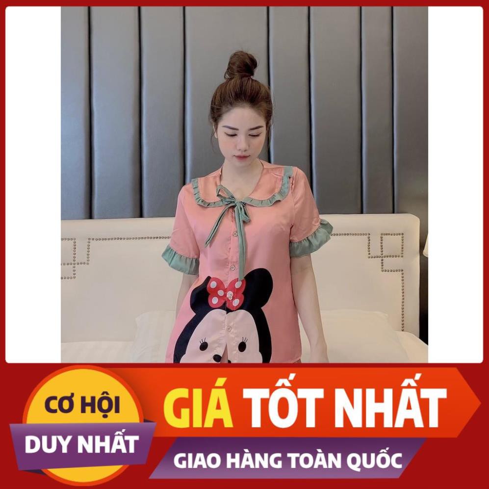 Đồ Ngủ Lụa Satin 🔥FREESHIP🔥 Đồ Bộ Pijama Quần Đùi Cộc Tay Cổ Bèo Hoạ Tiết Mickey Xanh Dương - Hồng Nhạt BN4.2 new