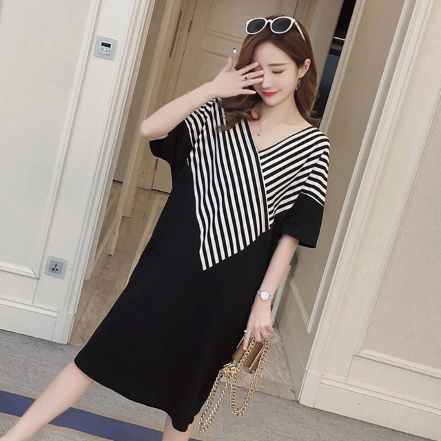 Đầm suông đen phối sọc (kèm hình thật)