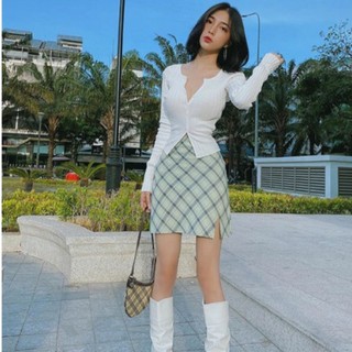 Chân váy chữ A xẻ bên kẻ xanh mint💖 Chân váy ngắn chữ A họa tiết V931