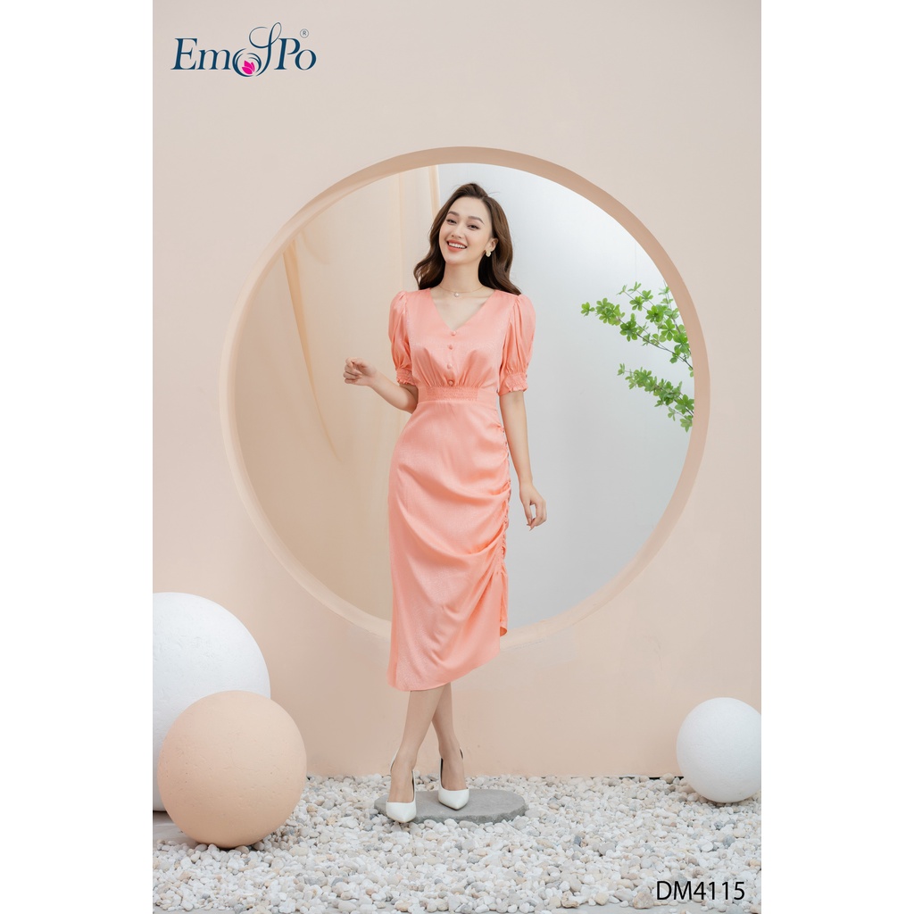 Đầm ôm cổ tim Emspo Milestone, rúm ly lệch chân váy DM4115