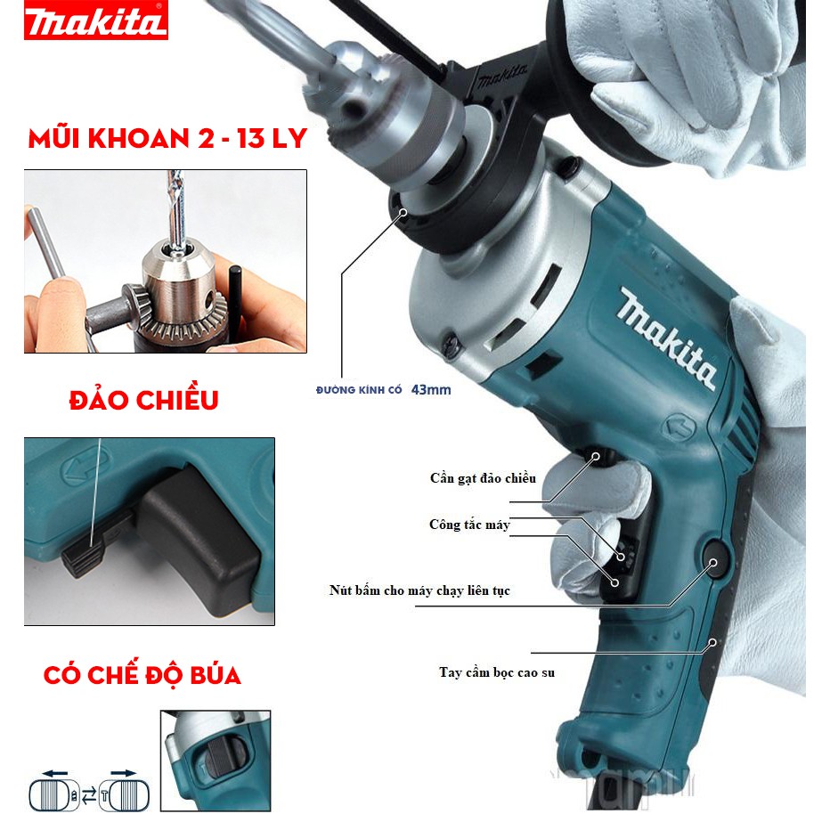 MÁY KHOAN MAKITA HP1630 - TẶNG MŨI KHOAN - MÁY ĐỤC BÊ TÔNG MAKITA HP1630 - BỘ KHOAN BÚA MAKITA 13MM - CÔNG SUẤT 710W