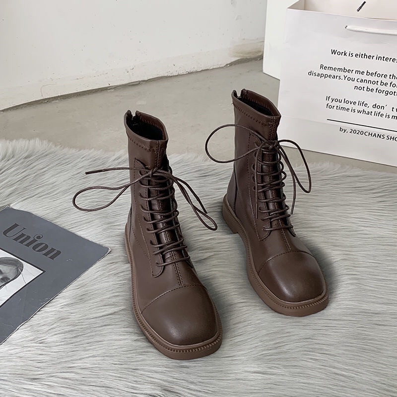 Boots nữ da , boots nữ ulzzang dây phong cách