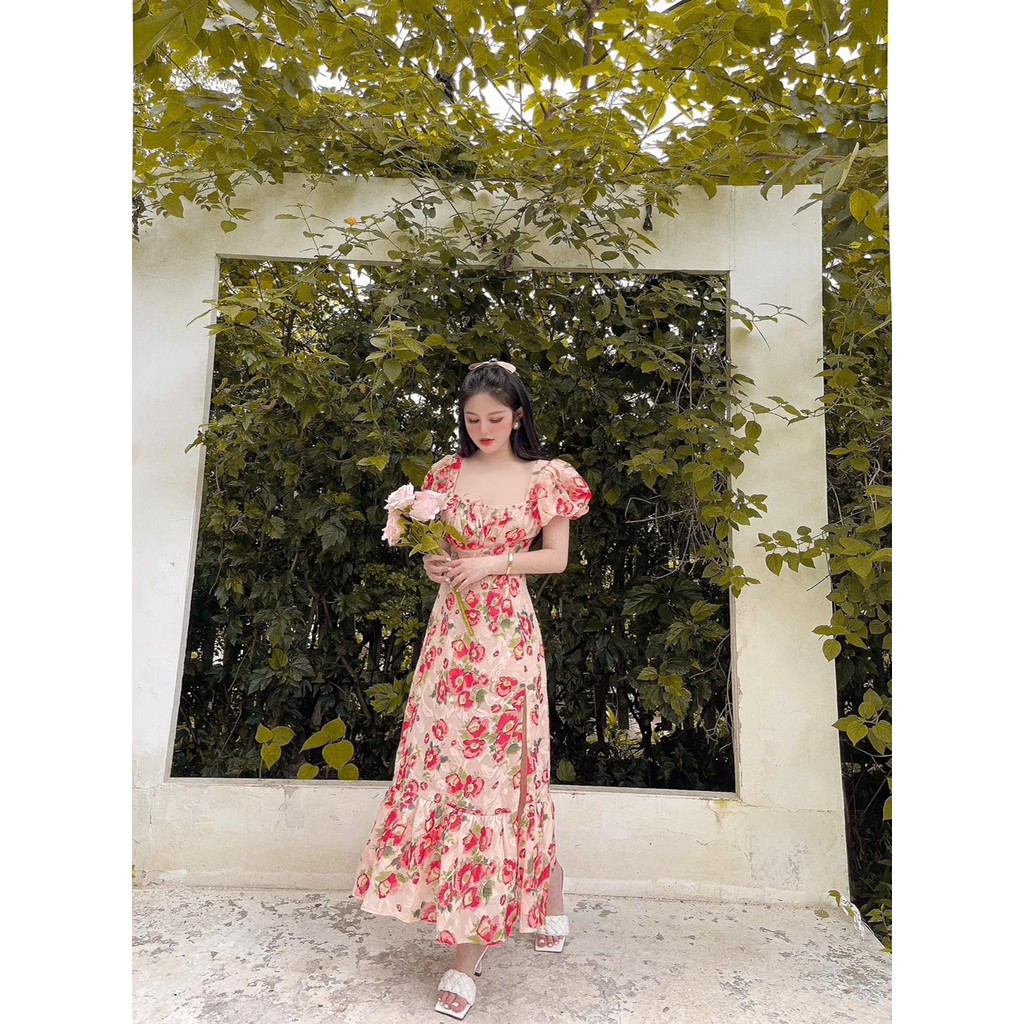 Váy hoạ tiết Hoa cổ U cộc tay , đầm hoa vintage chất đẹp